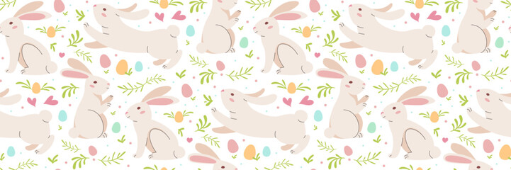 Happy Easter rabbit seamless pattern. Colorful Easter eggs. Color eggs with bunnies, vegetation.