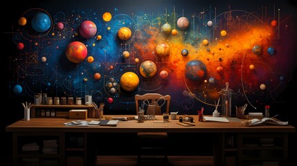 A top-down view of a whiteboard covered in vibrant chalk pastel drawings, featuring a variety of subjects such as landscapes, still life, and portraits. - obrazy, fototapety, plakaty