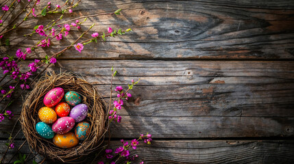 A charming flat lay of artfully decorated Easter eggs among vivid purple flowers on a rustic wooden surface