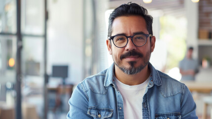A poised man with glasses, wearing a casual denim shirt, gives a gentle, confident smile in a naturally lit office space. - obrazy, fototapety, plakaty
