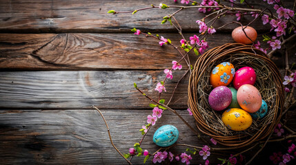 Beautifully decorated Easter eggs lie in a nest with spring flowers against a dark wooden background, symbolizing rebirth
