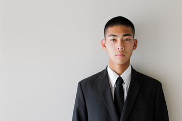 Young Asian businessman in a black suit against a light background