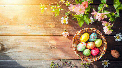 An inviting image of a basket filled with vibrant Easter eggs amidst spring flowers on a rustic wooden backdrop