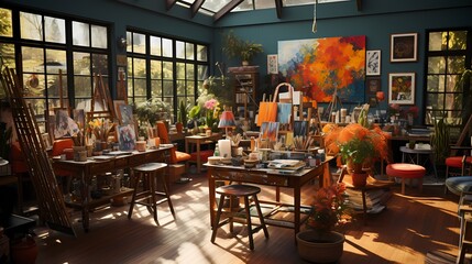 A top-down view of an art classroom, with easels, paintbrushes, and colorful canvases, showcasing a...
