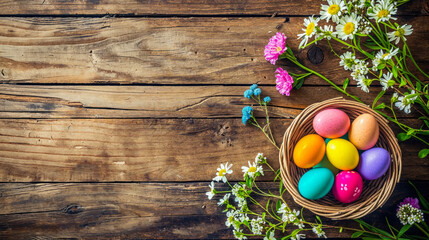 A delightful array of brightly colored Easter eggs placed in a basket surrounded by wild prairie flowers on wood