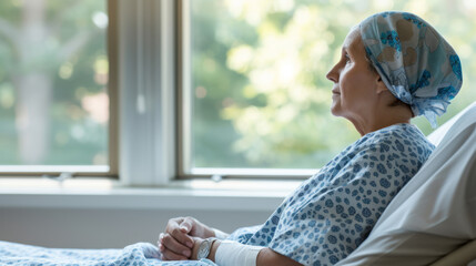senior woman sitting on a hospital bed, looking out of the window, embodying a sense of recovery