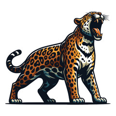 Fototapeta premium Wild roaring jaguar leopard full body vector illustration, zoology illustration, animal predator big cat design template isolated on white background