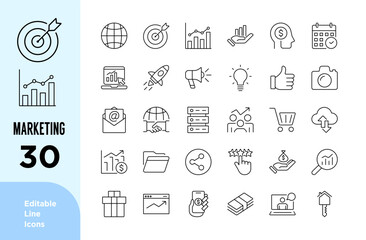 Marketing line icons set. Target, growth, advertisement, sales, chart, goal, succes and more. editable stroke icon. Vector illustration.