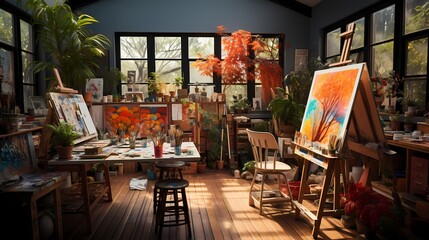 A top-down view of an art classroom, with easels, paintbrushes, and colorful canvases, showcasing a...