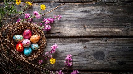 A festive display featuring a bird's nest with multicolored Easter eggs surrounded by spring flowers on a rustic wooden plank backdrop