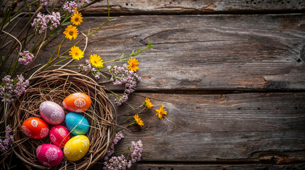 Vibrant and festive close-up of multicolored Easter eggs nestled in a straw nest on an old wooden background, evoking tradition and celebration