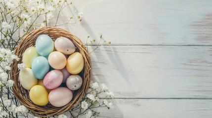 Brightly colored eggs surrounded by the gentle white blooms of baby's breath on a white wooden background