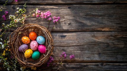 A still-life image of colorful Easter eggs in a natural woven basket among wildflowers on an aged wooden backdrop