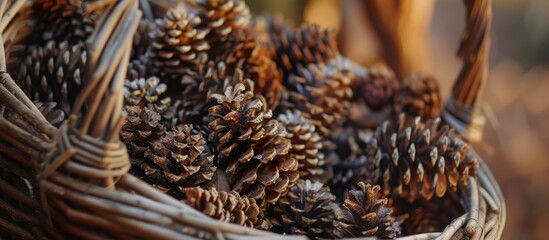 A wicker basket overflowing with an abundance of pine cones, creating a rustic and earthy display.