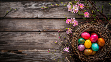 A rustic wooden surface adorned with a nest of vibrant Easter eggs and spring blossoms