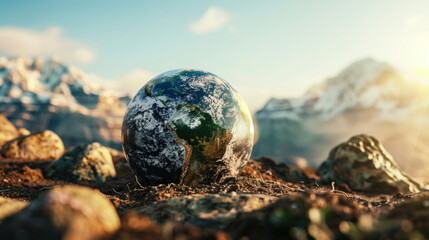 A globe placed on fertile soil with the backdrop of majestic snow-capped mountains under a warm glow