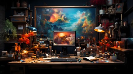 A top-down view of an artist's studio, with paints, brushes, and canvases scattered across the workspace, showcasing the creative process and the artist's tools, captured in high-definition detail - obrazy, fototapety, plakaty