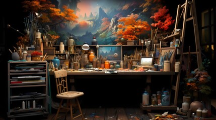 A top-down view of an artist's studio, with paints, brushes, and canvases scattered across the workspace, showcasing the creative process and the artist's tools, captured in high-definition detail - obrazy, fototapety, plakaty