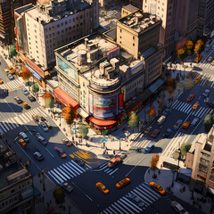 A birds-eye view of a bustling urban intersection.