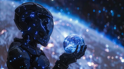 A robotic figure with a glowing, hologram Earth in hand against a backdrop of distant galaxies