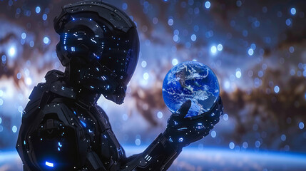 A highly detailed futuristic robot holding a glowing representation of Earth in cosmos