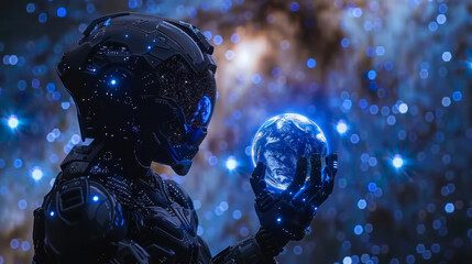 A sci-fi scene with a humanoid robot in dark armor delicately holding a bright, glowing replica of Earth amidst a sparkly, cosmic background - obrazy, fototapety, plakaty