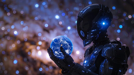 Imposing robotic figure encompassing a starry night within a globe, eyes illuminated in bounty