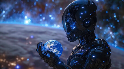 A compelling image of an astronaut robot holding a detailed earth with a sparkling cosmic backdrop
