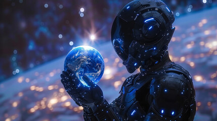A visually captivating image portraying an advanced robot in black armor, gently holding a glowing Earth against a backdrop of cosmic stars