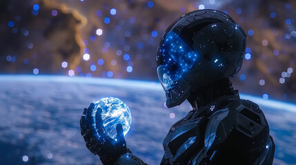 A high-tech robotic humanoid contemplates a holographically projected Earth against the cosmos