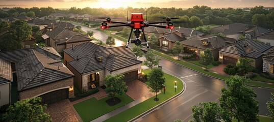 Efficient delivery drone in suburban twilight, symbolizing automation and effectiveness concept