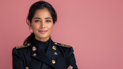 Indian woman in cruise ship staff uniform posing elegantly on pastel colored background