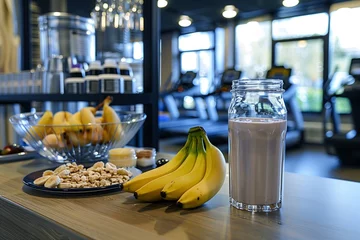Fotobehang Bananas and a protein shake on the table at the fitness gym © Sergey