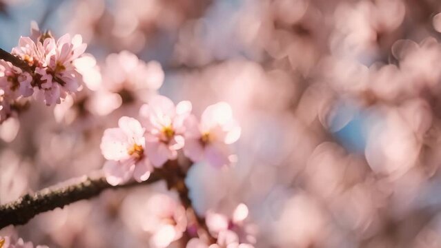 Delicate pink cherry blossoms burst into bloom on a branch in spring