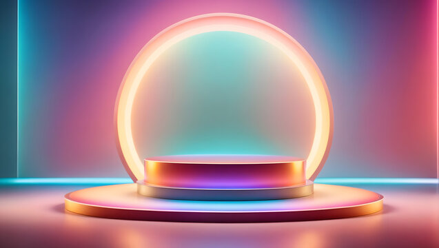 rainbow podium with gentle luxurious lighting 3d shape product display presentation, minimal wall scene, studio room