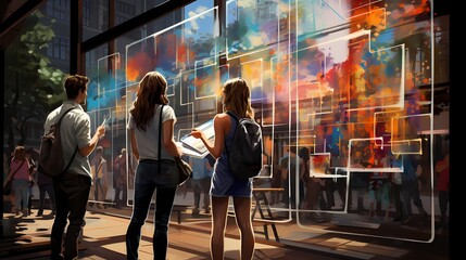 A vibrant street scene captured in high-definition, showcasing an artist immersed in their work, meticulously sketching a self-portrait on a whiteboard. - obrazy, fototapety, plakaty
