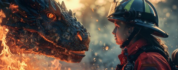 A majestic fire-breathing dragon and a firefighter engaged in a friendly conversation - obrazy, fototapety, plakaty