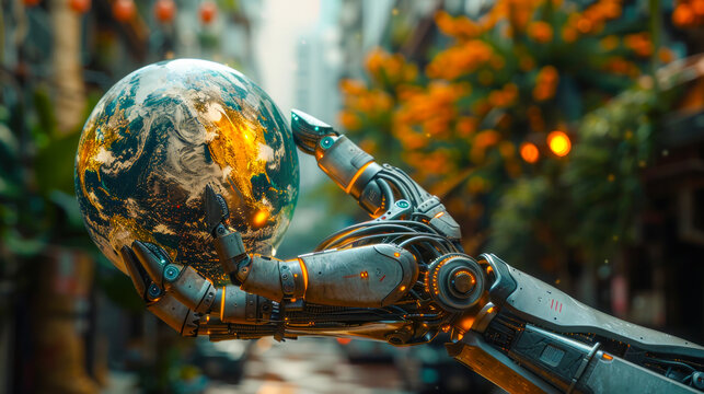 A futuristic robotic arm with intricate details holding a perfectly rounded Earth, conveying innovation and artificial intelligence