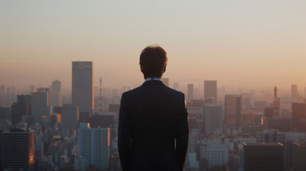 Obraz premium A man in a suit stands with his back to the camera, overlooking a vibrant city skyline at dusk.