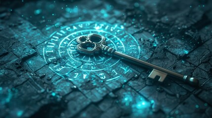 Ancient key floating in a digital void holographic symbols pulsing around it mystery meets technology