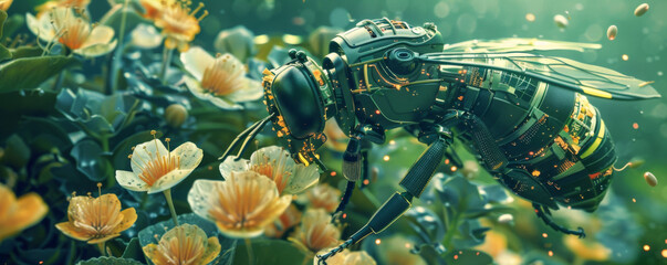 Cybernetic garden with robotic bees pollinating high tech flowers a fusion of nature and technology
