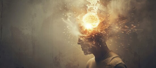 A man is shown with his head surrounded by fire, symbolizing a burst of creative ideas exploding inside his mind.