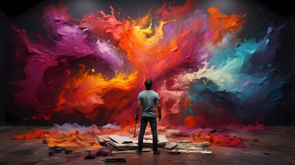 A visually striking image of a person creating a colorful abstract composition on a whiteboard, using bold brushstrokes and a variety of paint colors, resulting in a dynamic and expressive artwork - obrazy, fototapety, plakaty