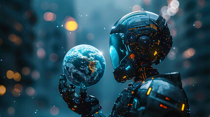 A futuristic robot gently cradles a detailed model of Earth against a sparkling cosmic backdrop,...