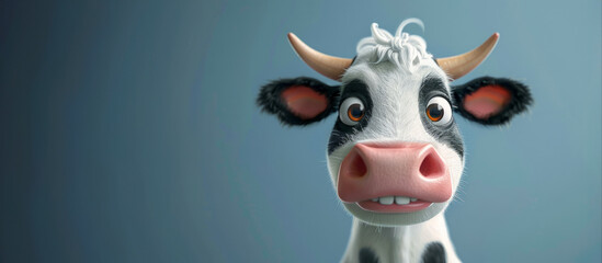 A cheerful cow mascot depicted in an animated style, standing against a white backdrop. With a joyful expression and vibrant colors, this mascot radiates happiness and positivity, for various projects