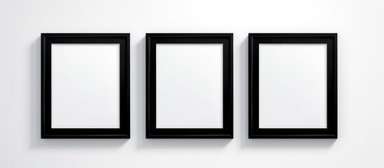 Three identical black frames are mounted on a white wall, creating a clean and minimalistic display. The frames are empty, waiting to showcase artwork or photographs.