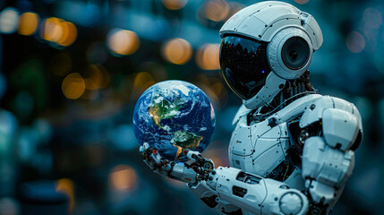 A white robotic figure with an intricate design holds a detailed Earth, emphasizing the intersection of technology and global awareness