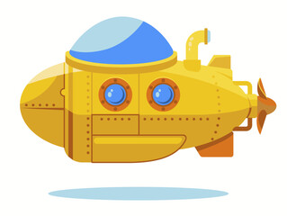Yellow Submarine, Bathyscaphe cartoon, underwater ship, sea research transport, diving apparatus, Boat Flat design. Vector