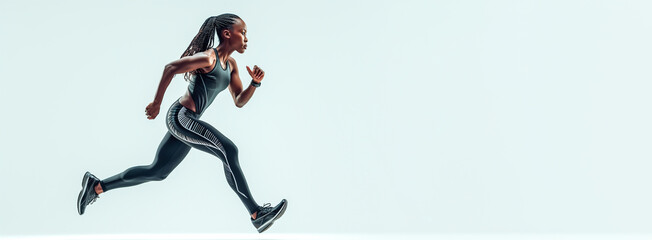 Black woman running in comfortable sportswear on gray background. Banner, space for text.