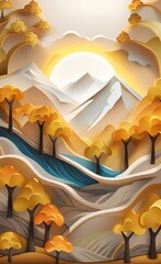3d modern mural art with leaves tree, golden lines, golden sun and mountain, colorful marble background, Generative AI